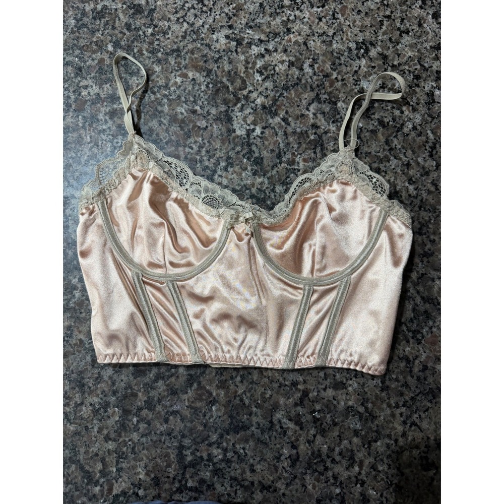 Forever‎ 21 Satin Corset Top Champagne Nude Lace Trim Bustier Small